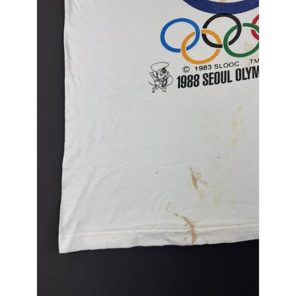 Rare Vintage 80s 1988 Seoul Korea Olympics Sport White Shirt Thrashed Paint Art - Picture 5 of 11